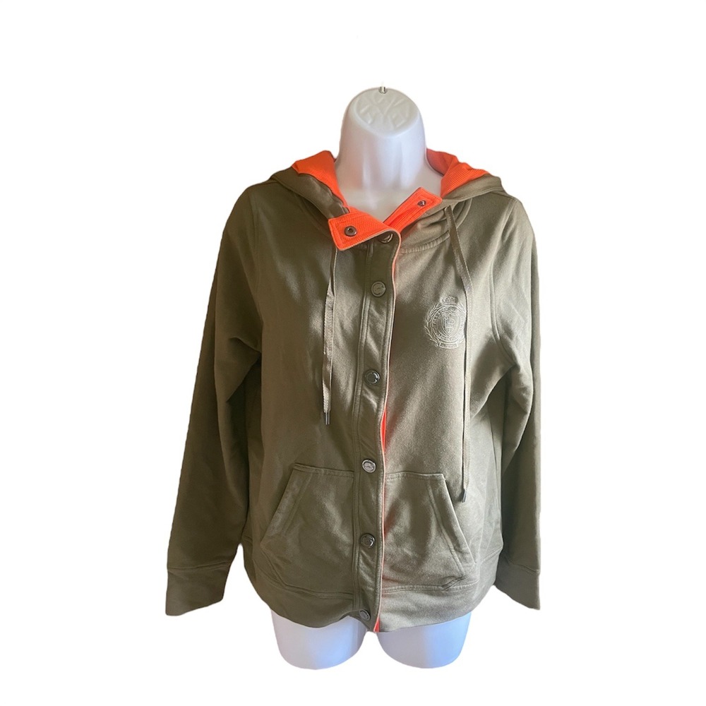Lauren Active Ralph Lauren Olive Green Orange Lined Snap Front Hoodie Jacket‎ M